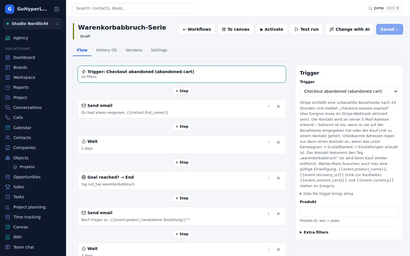 Workflow-Editor mit Auslöser und Schritten
